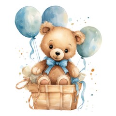 A watercolor baby teddy bear is sitting in the basket with blue and gold balloons.