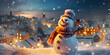A snowman with a flashlight. Christmas mood. Christmas Card. Copy space