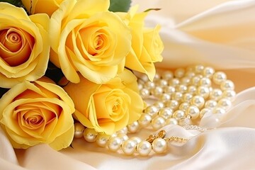 Wall Mural - Yellow roses bouquet and pearls,in white background.