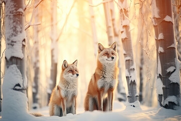 Wall Mural - Two foxes in winter forest