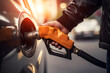 man's hand grips a gasoline fuel nozzle, refuels his car with care, essential connection between humans and their vehicle ready to embark on new journeys