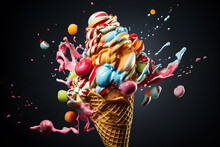 Colorfully Decorated Multi-colored Ice Cream In A Cone With Crumbs And Splashes Falling In Motion On A Black Background