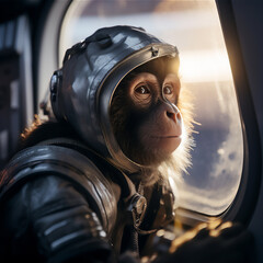 Wall Mural - a monkey in an astronaut suit floating in space, full face covered helmet, with a spaceship in the b
