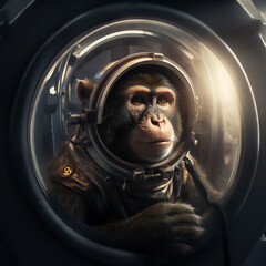 Wall Mural - a monkey in an astronaut suit floating in space, full face covered helmet, with a spaceship in the b