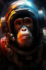 Wall Mural - a monkey in an astronaut suit floating in space, full face covered helmet, with a spaceship in the b