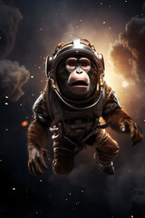 Wall Mural - a monkey in an astronaut suit floating in space, full face covered helmet, with a spaceship in the b