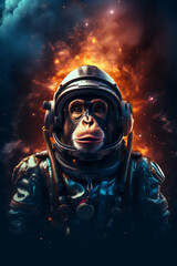Wall Mural - a monkey in an astronaut suit floating in space, full face covered helmet, with a spaceship in the b