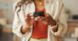 © N Felix/peopleimages.com - Closeup, businesswoman and hand with smartphone for e commerce, digital banking or mobile app in space. Female entrepreneur, worker and scrolling on social media for online, alert or notification