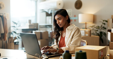 Aufkleber - Designer, woman and typing email on laptop in office for research, feedback and supply chain for business. Indian, person or planning on pc for logistics, stock administration or package distribution
