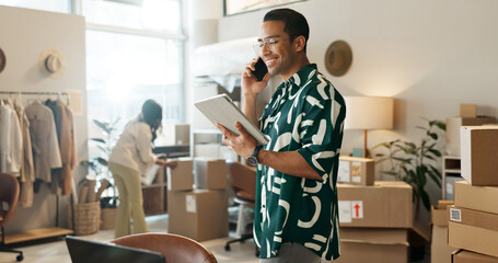 Poster - Business, phone call and man with a tablet, shipping and startup with internet, smile and website info. Person, employee or entrepreneur with technology, cellphone or online order with ecommerce