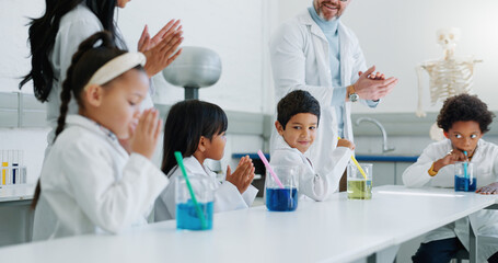 Sticker - School kids, science and applause in class for learning, goals and achievement with knowledge in laboratory. Children, boy and girl with education, success and scholarship with cheers at academy