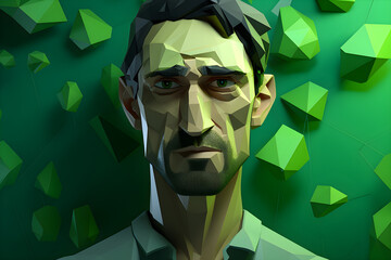 Wall Mural - portrait of low poly geometric 3D faceted render of man against a green background