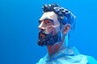 portrait of low poly geometric 3D faceted render of man with beard against a blue background