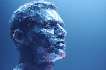 portrait of low poly geometric 3d faceted render of man against a blue background