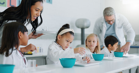 Poster - Science, chemistry and children in class with their teachers for learning or to study. Students, school and scholarship with kids in a laboratory for an experiment of chemical reaction for education