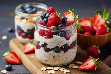 Mixed berries overnight oats with almond flakes in a glass jar, healthy breakfast.