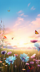 meadow with flowers and sunset or sunrise sky