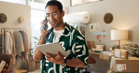 Poster - Business, phone call and man with a tablet, ecommerce and connection with communication, internet and website information. Person, employee or entrepreneur with technology, smartphone or online order