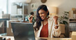 © N Felix/peopleimages.com - Business woman, winner and boxes or computer for logistics celebration, startup success and e commerce profit. Entrepreneur, seller or Indian supplier with package, courier news or winning on laptop