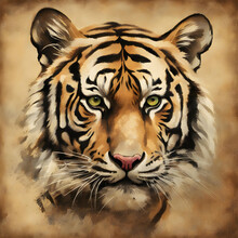 Drawing Bengal Tiger Portrait Oil Painting On Old Vintage Color Grunge Paper Background