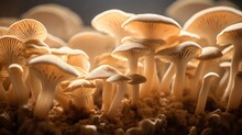 A Group Of Mushrooms That Are In The Dirt. Generative AI.