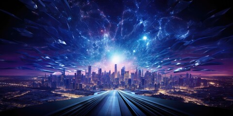 Poster - A futuristic city with a train going through it. Generative AI.