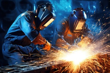 Industrial workers cutting metal on steel structures in a factory.