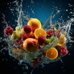  Wide shot of fruits falling into water with splashes, without distortion, high definition, in a modern style