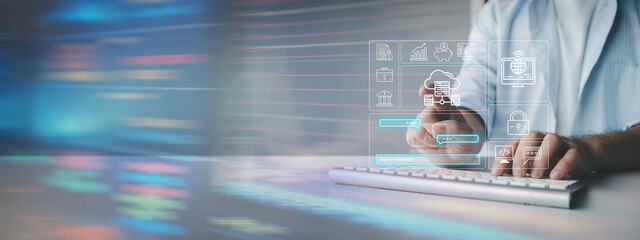 Individuals with document holograms in information system, archiving important documents in online databases to be accessed at any time, document database management. Storing document files on iCloud.