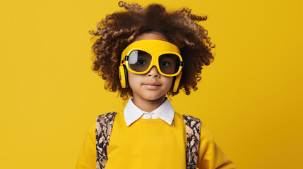 portrait of cute kid isolated on yellow background 