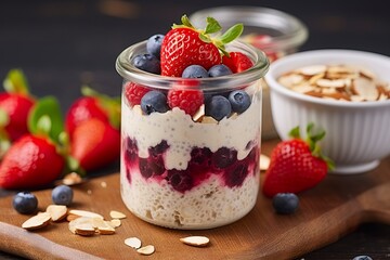 Mixed berries overnight oats with almond flakes in a glass jar, healthy breakfast.