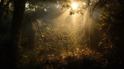 Wall Mural - a spider web in the middle of a forest with sunlight streaming through it. generative ai