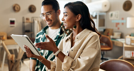 business people, man and woman with a tablet, teamwork and connection with company website, internet