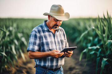 A modern farmer in a corn field using a digital tablet. Farming and agriculture concept.