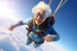 © P - An old lady with a parachute. Grandma is flying in the sky with a parachute. The extreme of an elderly woman.