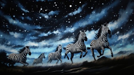 Poster -  a group of zebras running across a field under a night sky.  generative ai