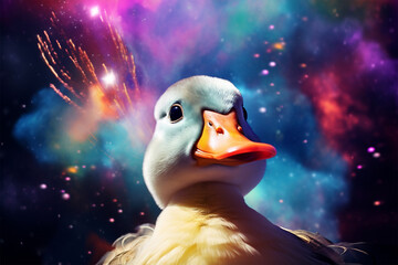 Wall Mural - a duck with a background of stars and colorful clouds