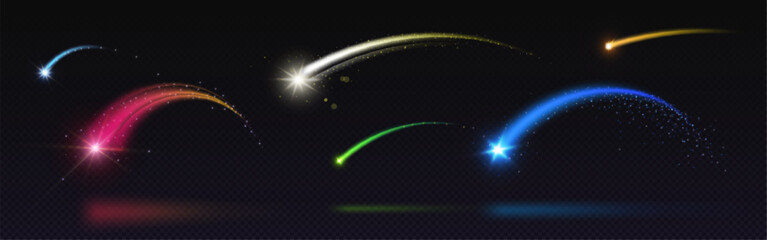 Wall Mural - trace of shooting star in form of arch. realistic vector illustration of various colors falling mete