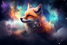 A Fox With A Background Of Stars And Colorful Clouds