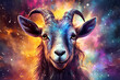 a goat with a background of stars and colorful clouds