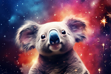 Wall Mural - a koala with a background of stars and colorful clouds