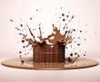 Chocolate splash with a podium, mockup background for milk product display, 3d.