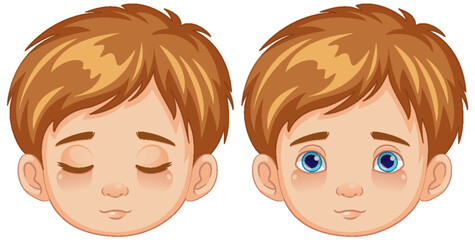 Wall Mural - Set of Cartoon Boy Faces with Open and Closed Eyes