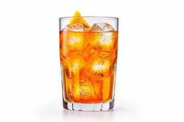 A glass of orange soda water with ice cubes on white background.