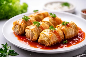 Stuffed cabbage with rice on a white table.