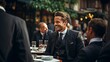 men in vintage suits conversing or discussing anything in the restaurant,.