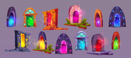 Wall Mural - magic game door with glowing portal. cartoon vector illustration set of fantastic gates and frames w