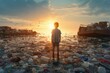 A child stands and looks at the huge amount of plastic trash in the ocean. after sunset