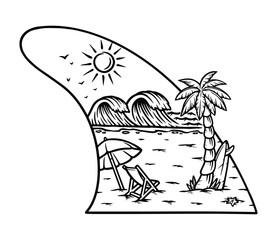 Poster - beach view on surfboard fins line illustration