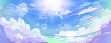 Anime Cloud In Blue Heaven Sky Vector Background. Summer Abstract Cloudy Air Design With Gradient And Sun Light With Reflection. Beautiful Calm Morning Game Outdoor Panorama With Sunshine Painting.